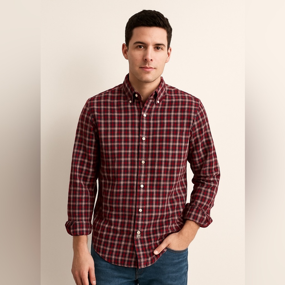 J.Crew Slim Fit Plaid Button Down Shirt Red Navy Men’s Size M Sewn for J.Crew